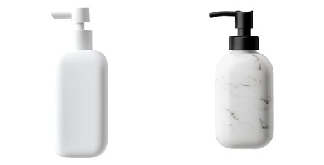 Fototapeta premium Two stylish bottles with pumps, one featuring a matte white finish and the other with a marble design, ideal for personal care products.