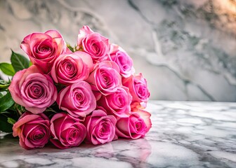Sunlight illuminates a pink rose bouquet on a marble table.  Perfect spring photography, ample copy space.