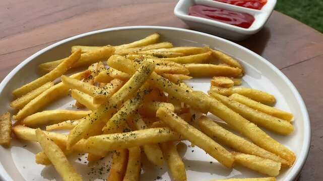 warm french fries served with chili sauce on a plate