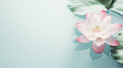 Obraz premium Serene lotus petals in delicate shades of pink, on a calm and peaceful water blue background, Minimalist style