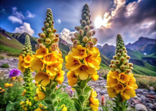 Terminillo's surreal mullein: sun-drenched yellow blossoms, Italy's alpine close-up.