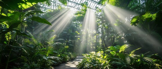 Obraz premium Sun rays in greenhouse, abundant greenery, path.