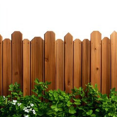 Wooden fence with greenery at the bottom, white isolate background.