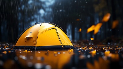 Yellow camping tent in rainy forest with fallen leaves, vibrant and moody atmosphere.