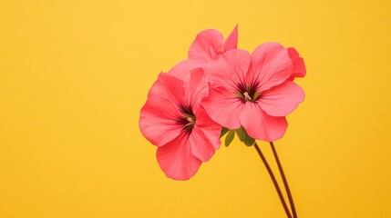 Fototapeta premium A bright pink geranium against a muted yellow background, close-up shot, Minimalist style