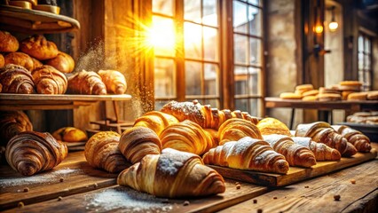 Candid Bakery Scene with Freshly Baked Croissants and Artisan Pastries, Warm Atmosphere, Rustic Decor, Delicious Treats, Morning Light, Baking Process, Cozy Vibes, Culinary Delight