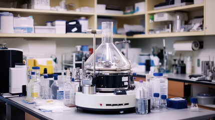 laboratory scene featuring large centrifuge surrounded by various lab equipment and containers. organized workspace reflects scientific environment filled with glassware and chemicals