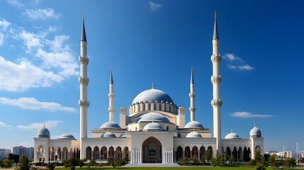 Fototapeta premium Majestic Mosque with Blue Dome and Minarets under Clear Skies Symbolizing Peace and Tranquility : Generative AI