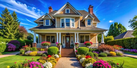 Fototapeta premium Charming Front View of Traditional Private House Surrounded by Lush Greenery and Vibrant Flowers, Perfect for Home and Architecture Enthusiasts, Capturing Timeless Design and Curb Appeal