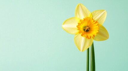 Obraz premium A bright yellow daffodil against a pale mint background, close-up shot, Minimalist style