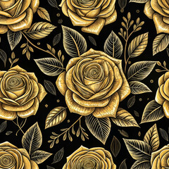 Golden Rose Floral Seamless Pattern, Fabric texture and Textile pattern on Black Background