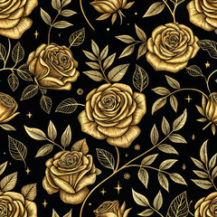 Golden Rose Floral Seamless Pattern, Fabric texture and Textile pattern on Black Background