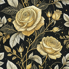 Golden Rose Floral Seamless Pattern, Fabric texture and Textile pattern on Black Background