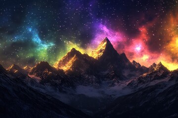Colorful nebula illuminates snowy mountain peak at night.