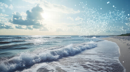 Obraz premium serene beach scene with gentle waves, sparkling water, and bright sky. tranquil atmosphere evokes sense of peace and connection to nature