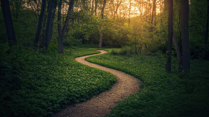 Obraz premium serene landscape featuring winding pathway through lush greenery, illuminated by warm glow of sunset. This tranquil scene invites exploration and reflection