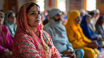 Obraz premium Traditional Indian Woman in Vibrant Saree Attends Cultural Event with Diverse Crowd : Generative AI