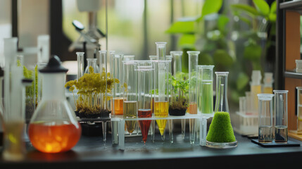 vibrant laboratory filled with test tubes showcasing colorful liquids and plants. scene captures essence of scientific exploration and innovation in modern setting