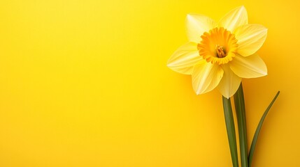 Obraz premium A cheerful yellow daffodil with vibrant, trumpet-shaped petals, on a sunny yellow background