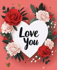 White and red heart-shaped floral design with 'Love You' text and roses on pink background