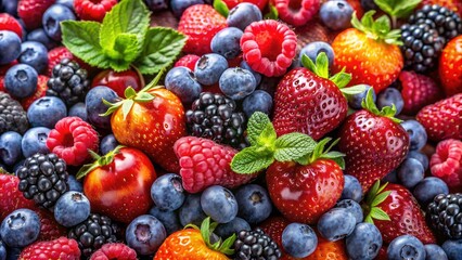 Obraz premium Fresh Mixed Berries Isolated - Macro Photography of Ripe Strawberries, Blueberries, Raspberries, and Blackberries on a Clean White Background for Healthy Food and Nutrition Concepts