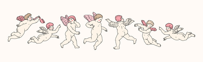 Cherub outlines and line art for Valentine's Day with cupid vector. Vector symbol of love and romantic. Antique Angel Baby Cupid illustration for printing on cards, invitations, tattoo, clothing art