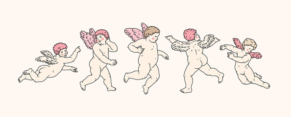 Cherub outlines and line art for Valentine's Day with cupid vector. Vector symbol of love and romantic. Antique Angel Baby Cupid illustration for printing on cards, invitations, tattoo, clothing art