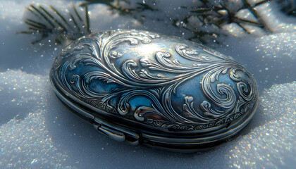 Intricate silver locket rests on snowy ground, sunlight glistens on ornate floral engravings.  A winter scene.