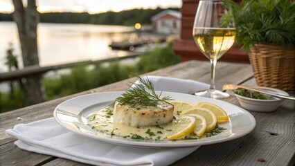Close-Up of Delicious Grilled Fish with Lemon and White Wine by the Water