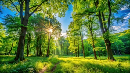 Fototapeta premium Lush Green Forest Clearing in Summer - Candid Photography of Nature's Beauty with Sunlight Filtering Through Leaves, Vibrant Flora, and Tranquil Atmosphere