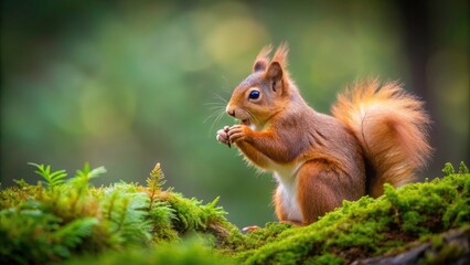 Minimalist Capture of a Hungry Scottish Red Squirrel foraging for Nuts in a Tranquil Forest Setting