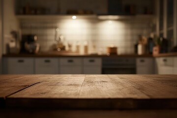 Rustic wooden table in blurred kitchen at night.