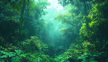 Obraz premium Lush green rainforest, vibrant foliage, sunlight filtering through canopy, tranquil atmosphere, birds in flight, serene jungle scene.