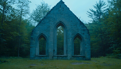 Fototapeta premium Mysterious stone ruins of a gothic church nestled deep within a tranquil forest, bathed in the soft light of twilight.