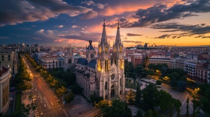 Church towers at sunset with city lights.