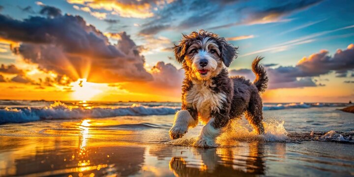 Playful Aussiedoodle Puppy on Beach at Dusk &acirc;&euro;&ldquo; Low Light Photography of a Designer Dog Mix Enjoying the Ocean Waves and Sand, Perfect for Pet Lovers and Beach Enthusiasts