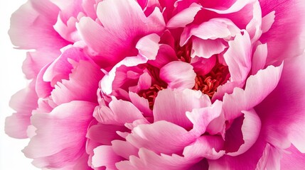 Obraz premium A close-up of a bright pink peony with its voluminous, layered petals and vivid color, isolated white background