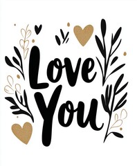 Elegant 'Love You' text design with gold and black botanical illustrations