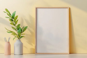 Minimalist home decor ideas: elegant blank wooden frame and green plant on a stylish shelf with neutral wall background.