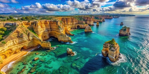 Obraz premium Stunning Aerial Drone View of Lagos Region in Algarve, Portugal - Scenic Cliff Rocks, Turquoise Seascape, and Beautiful Coastline