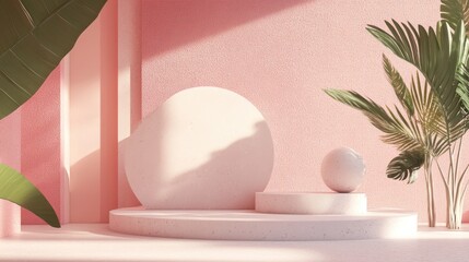 Fototapeta premium Serene Minimalist Pink Studio Product Display with Tropical Plants