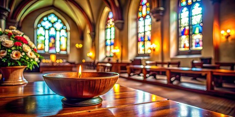 Obraz premium Tilt-Shift Photography of an Empty Brown Bowl in a Church Setting - Serene Atmosphere, Minimalism, Spirituality, Reflections, Still Life, Artistic Interpretation, Unique Perspective