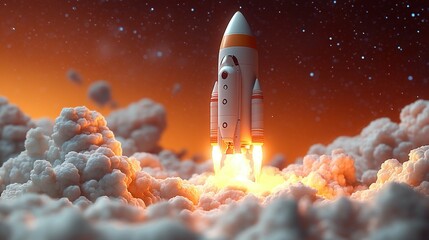 Fototapeta premium Rocket Launches Through Clouds Towards Starry Sky