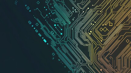 Circuit board background. Abstract circuit board design with interconnected lines and nodes in a gradient of blue to yellow tones. Symbolizing technology, innovation, and data flow