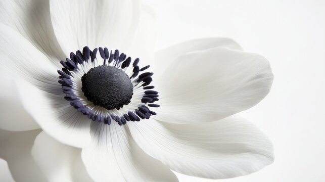 Fototapeta A close-up of a bright white anemone with its striking, central black disc and crisp petals, isolated white background