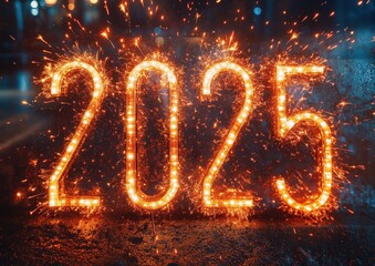 2025 New Year's Written in Fireworks Sparklers Confetti Party Celebration Festive Background Image Digital Illustration