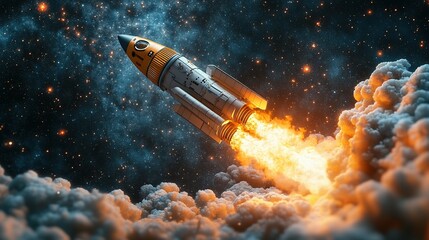 Obraz premium Rocket Ascending Through Space Clouds and Stars