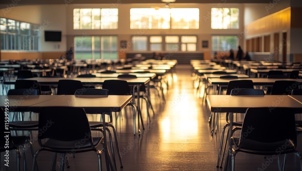 Poster Empty cafeteria with rows of tables and chairs at sunset.