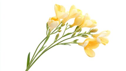 Fototapeta premium A close-up of a cluster of delicate yellow freesia flowers, isolated white background, minimalistic art style