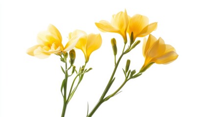 Obraz premium A close-up of a cluster of delicate yellow freesia flowers, isolated white background, minimalistic art style